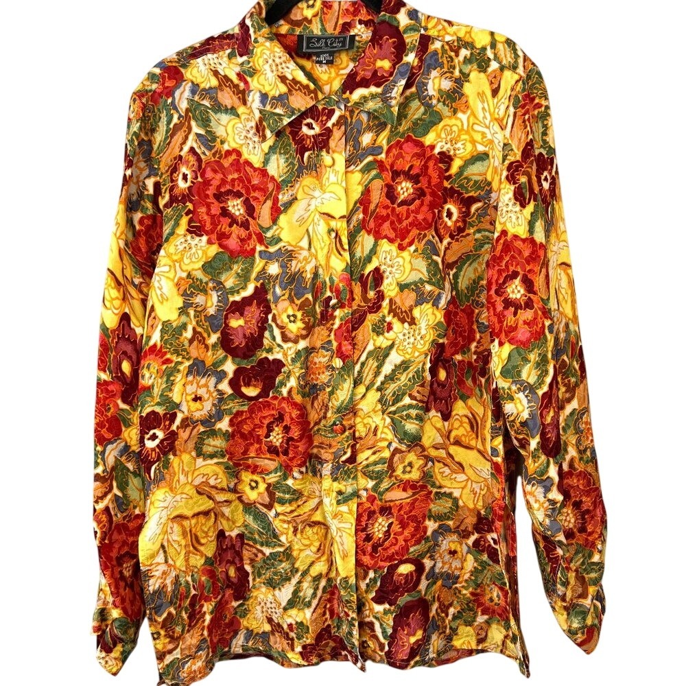 Vintage‎ Silk City Paris Floral Button Front Tunic Blouse Top 100% Silk Size M